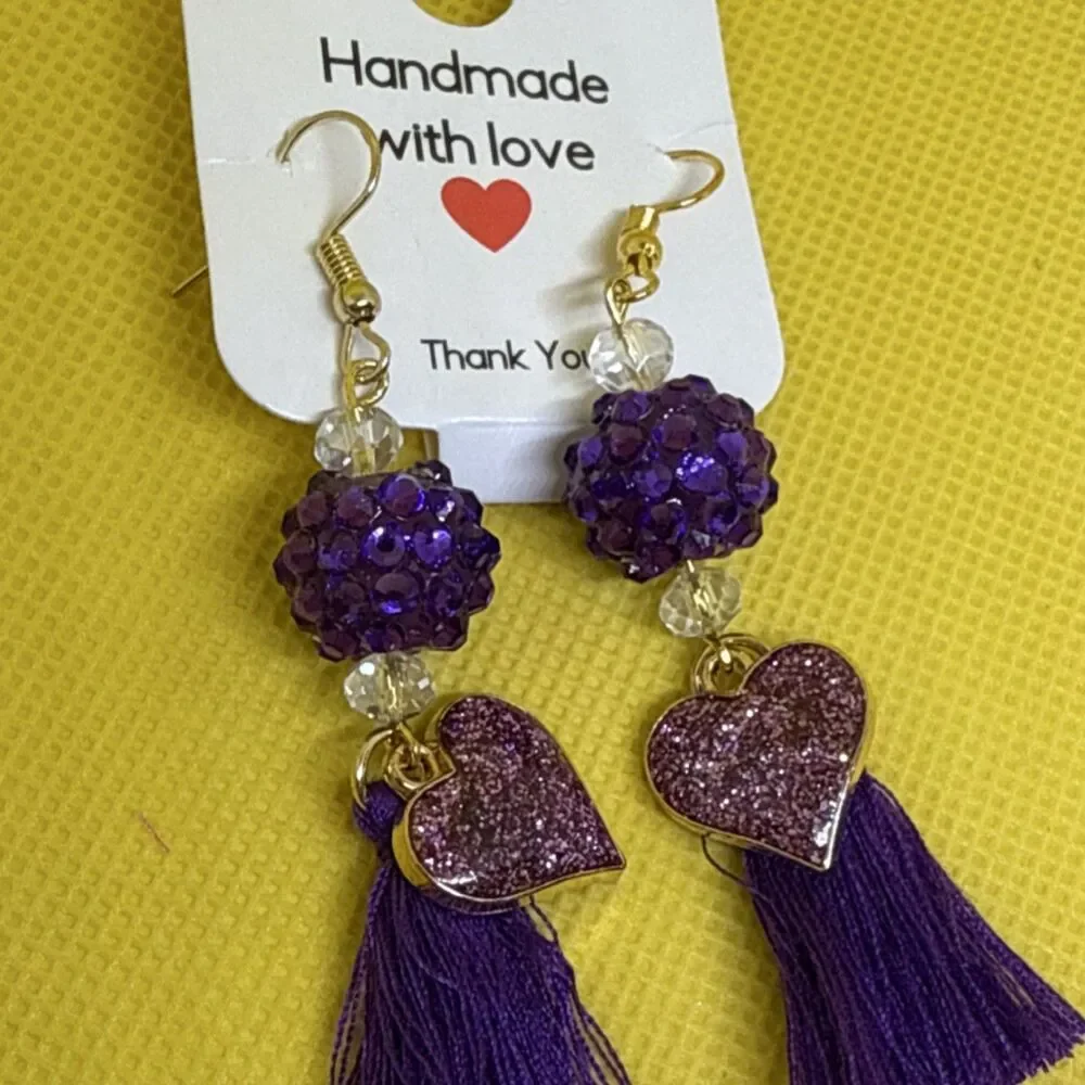 Handcrafted Purple Heart Tassel Beaded Glass Earrings Gold Hook Closure